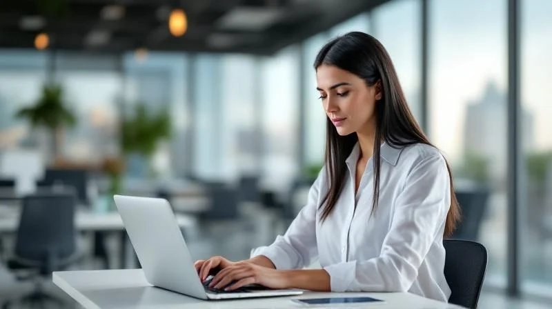 Frau arbeitet konzentriert an einem Laptop in einem hellen modernen Büro in Dresden