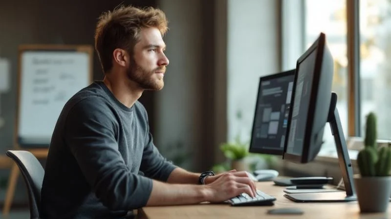 Mann arbeitet konzentriert am Computer in einem modernen Büro in Dresden